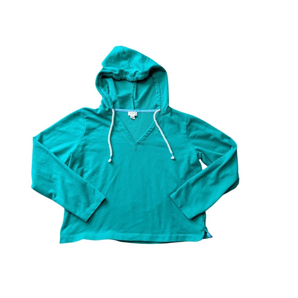 J.Crew Womens Teal Green V-Neck Drawstring Hoodie Pullover Sweatshirt Size Small